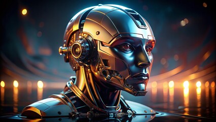 Low Light Robot Head Reflection - Futuristic AI Technology Stock Photo