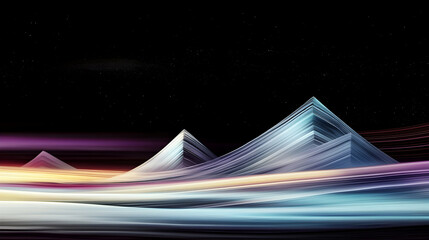 Abstract cosmic landscape, vibrant light streaks, dark night sky, mountains, digital art, website banner
