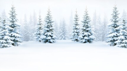 Fototapeta premium Snowy winter forest landscape; frosted trees; calm scene; winter wonderland; holiday background