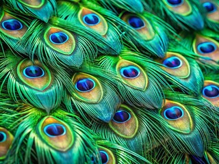 Lush Green Peacock Feather Texture: Panoramic Close-Up Wallpaper Background