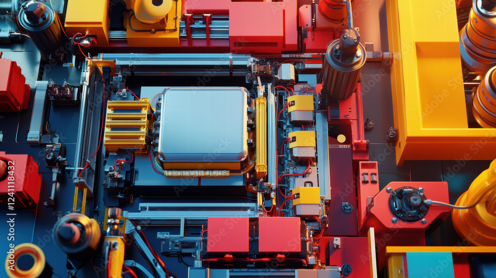 Poster dynamic robot assembly line with electric car battery components, showcasing vibrant colors and intr