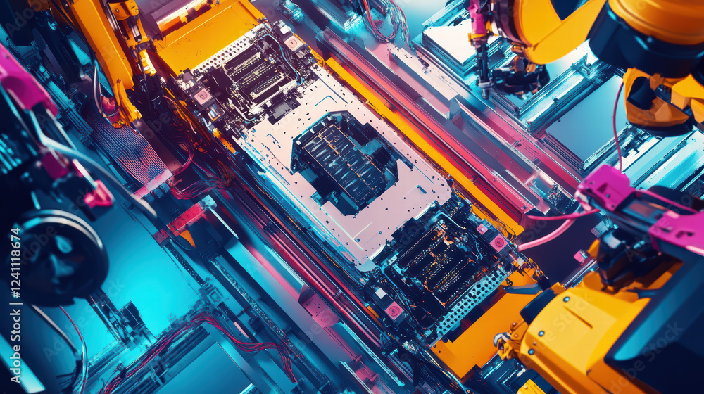 Poster dynamic robot assembly line with electric car battery components, showcasing advanced technology and