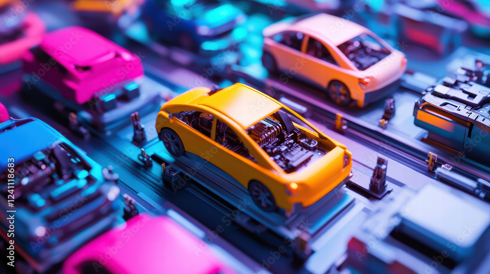 Poster dynamic robot assembly line with electric car models in vibrant colors. scene showcases futuristic m