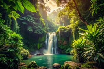 Lush Jungle Waterfall: Misty Vintage Photo
