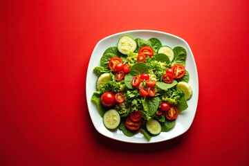 Fresh and Colorful Salad with Crisp Lettuce, Cherry Tomatoes, and Cucumber Slices on a Ceramic Plate Healthy Vegan Meal with Natural Lighting, Perfect for a Nutritious Diet and Food Photography Inspir
