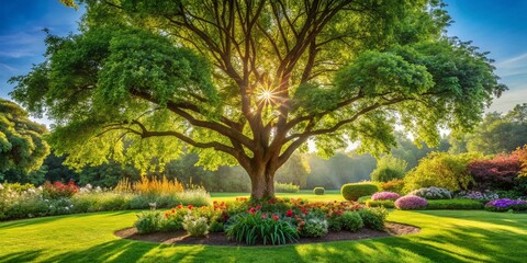 Fototapeta premium Lush Green Tree in Vibrant Garden, Sunny Day, Natural Sunlight, Outdoor Backdrop, Perfect for Landscaping and Gardening Websites