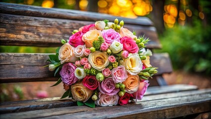 Low Light Wedding Bouquet: Eustomas & Roses on Wooden Bench - Romantic Surprise