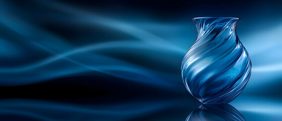 A stunning blue glass vase with swirling designs against a soft blue background, perfect for decorative purposes.