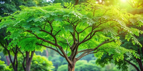Moringa tree with large, vibrant green leaves and sturdy branches in a lush forest environment, tree