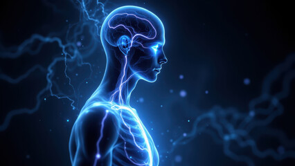 Fototapeta premium VNS, Vagus Nerve Stimulation depicted with a human head and neck highlighted against a blue background with electric arcs.