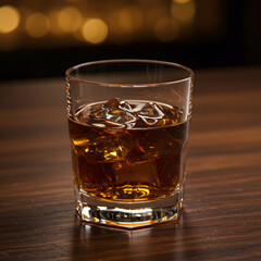 Whiskey on Ice in a Glass on Wooden Table