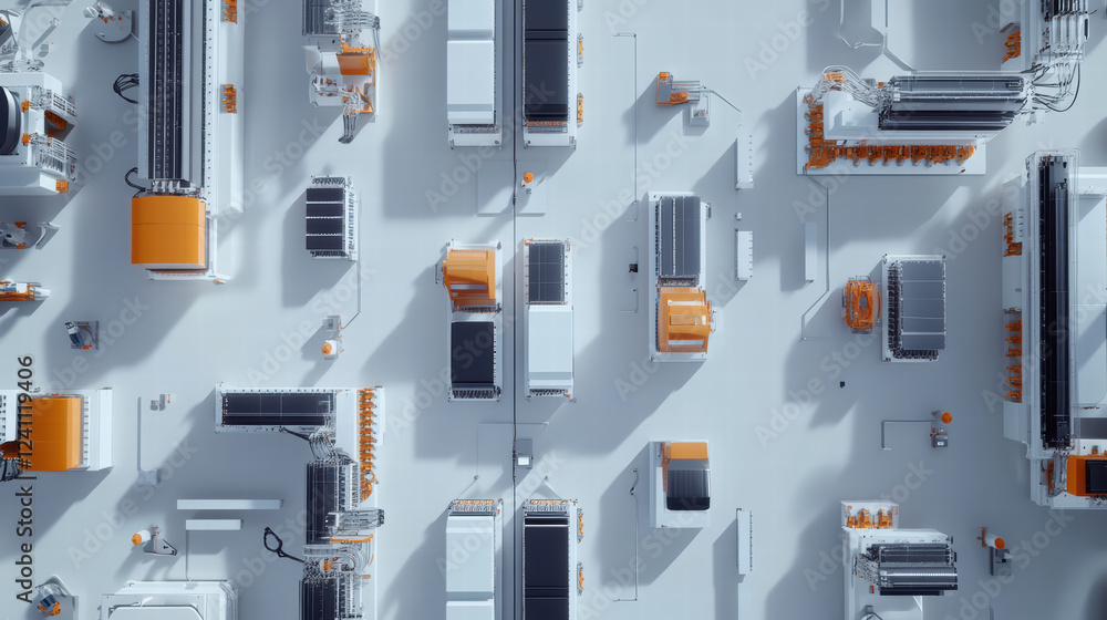 Poster high tech industrial layout featuring electric car battery modules and robotic assembly. scene showc