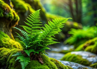 Lush Wild Fern Bush Growing on Ancient Stone - High-Resolution Stock Photo