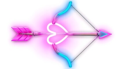 Fototapeta premium Stylized neon bow and arrow featuring a glowing pink heart shaped center, blue highlights, and vibrant pink and blue arrow details.