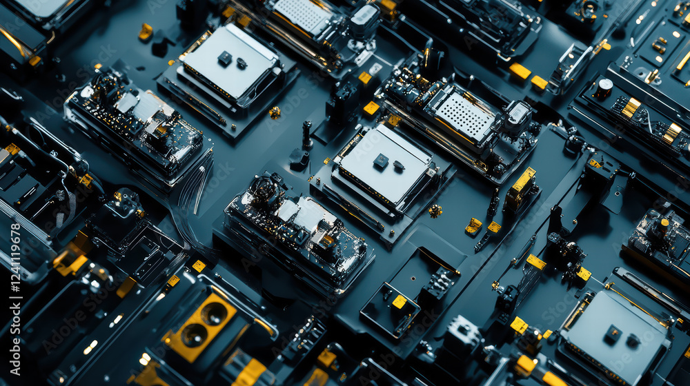 Poster high tech electronic circuit board with intricate components and connections, showcasing modern desi