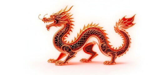 Fototapeta premium A vibrant dragon rendered in red and orange with intricate geometric designs, a fiery tail, spiked mane, and glowing highlights on a white background.