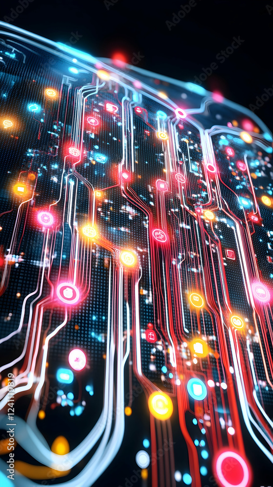 Poster abstract glowing circuit board, digital network data flow, technology background, for tech websites