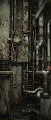 Industrial machinery background with scratched metal surfaces and pipes, mechanical parts, , industrial machines