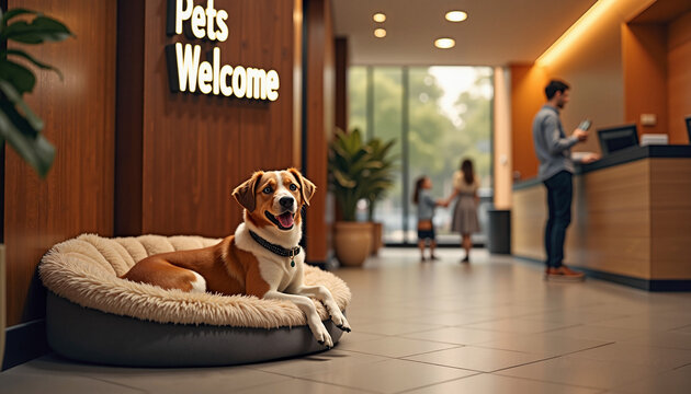 Dog resting in pet-friendly lobby, welcoming atmosphere, people at reception, modern design, pet friendly hotel