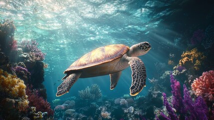 Obraz premium Majestic Sea Turtle Swimming Among Vibrant Coral Reefs Underwater