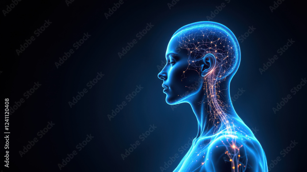 Poster vagus nerve stimulation - illustration of human head with highlighted neural pathways signifying bra