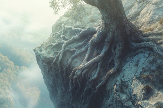 A majestic tree clings to a cliffside, its roots intertwined with the rock, overlooking a misty valley.
