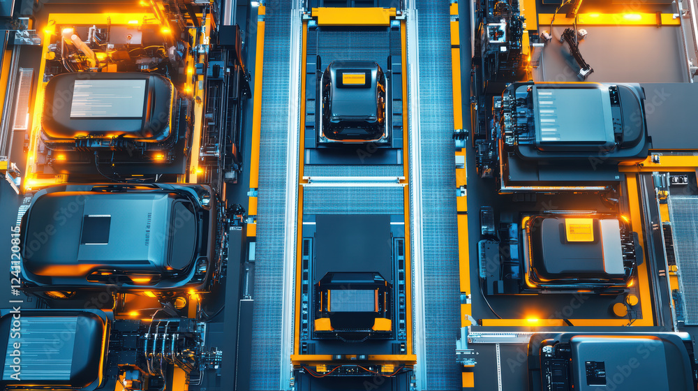 Poster automated assembly line with electric car battery modules in factory setting, showcasing advanced ro