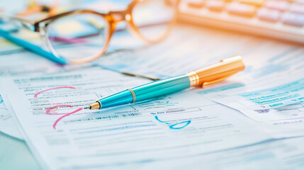 Teal Pen on Financial Documents