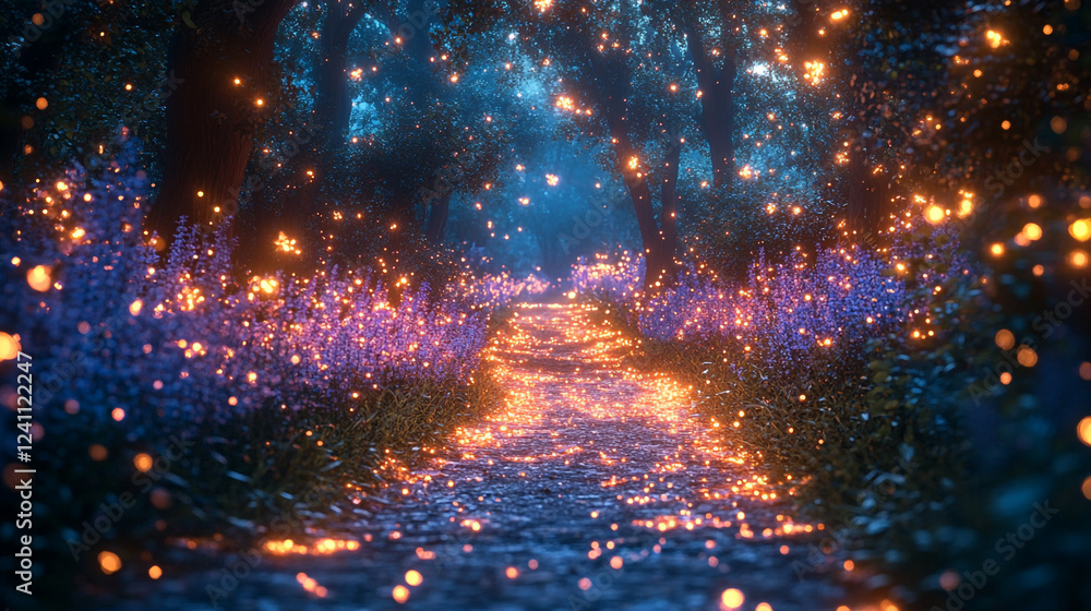 Poster magical path illuminated by fireflies in a serene forest at twilight