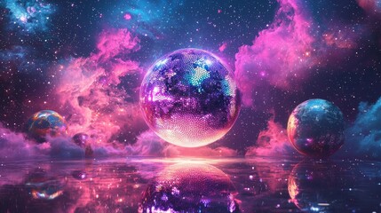 Fototapeta premium A cosmic nebula shaped like a giant disco ball, reflecting light in all directions, surrounded by mirror planets, colorful fantasy pop art, glowing stars in the distance
