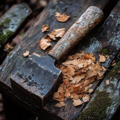 Fototapeta premium Old Wooden Handle Axe on Rustic Wooden Surface with Wood Shavings