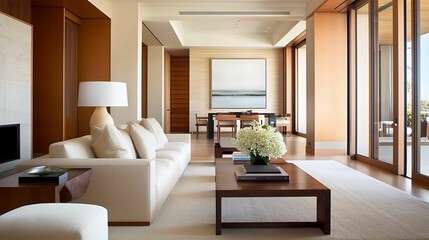 Fototapeta premium A modern, elegantly furnished living room with large windows, natural light, a comfortable sofa, and minimalist decor featuring a wooden coffee table and floral arrangement.