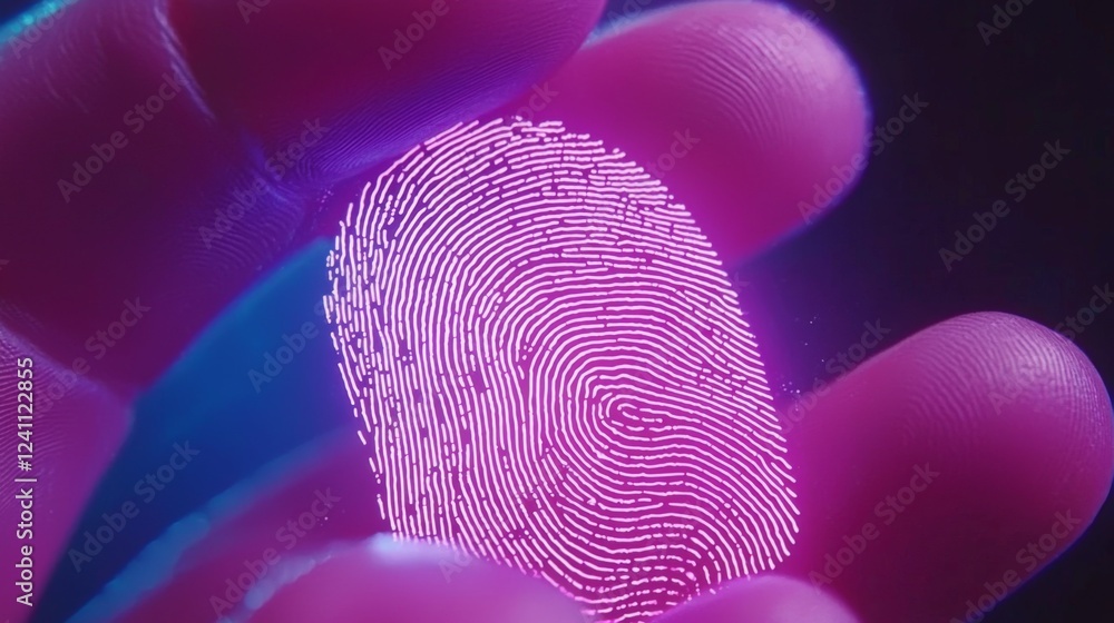 Poster vibrant digital fingerprint displayed on finger in futuristic setting with neon colors and high-tech