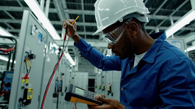 engineer testing electrical panels in a power substation, focusing on energy distribution maintenance