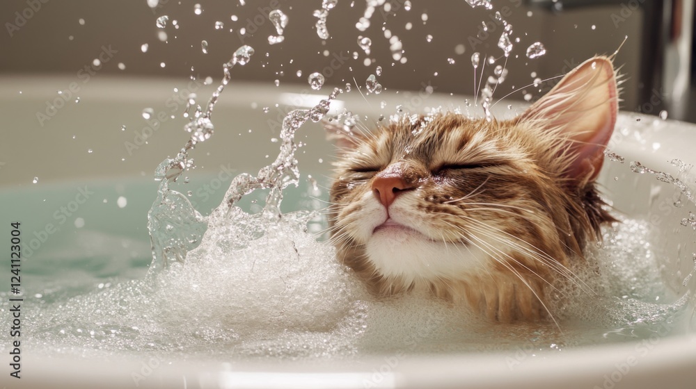 Poster a cat mid-shake in the bath, water droplets flying everywhere as it tries to shake off the water, cr