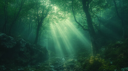 Obraz premium Sunlight streaming through trees in a serene forest scene during the early morning