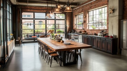A chic dining area in a loft, with a long wooden table, industrial-style chairs, and pendant lights hanging from the ceiling, perfect for hosting gatherings in style.