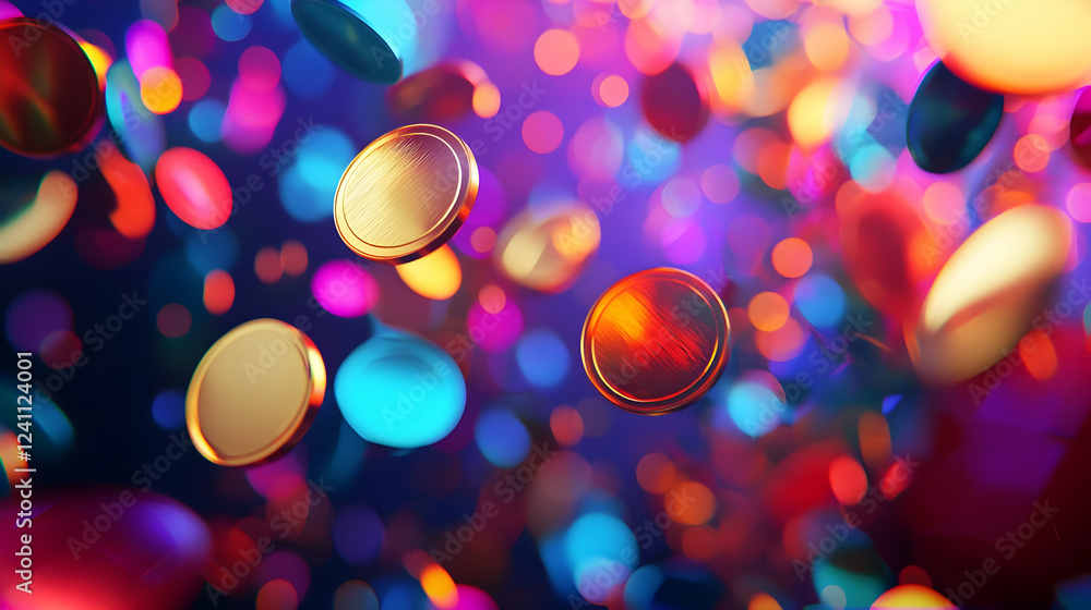Poster colorful coins floating in a vibrant backdrop of blurred lights and bokeh
