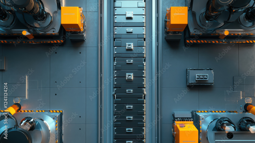 Poster automated assembly line with robotic arms and battery modules, showcasing advanced technology and ef