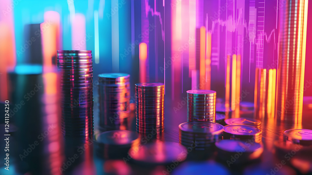 Poster vibrant financial data visualization with coins and glowing graphs in background