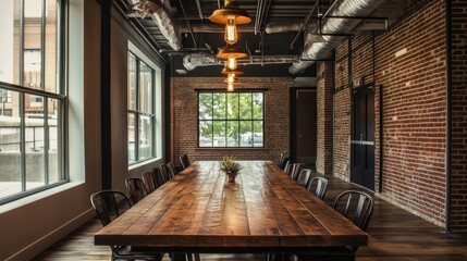 A chic dining area in a loft, with a long wooden table, industrial-style chairs, and pendant lights hanging from the ceiling, perfect for hosting gatherings in style.