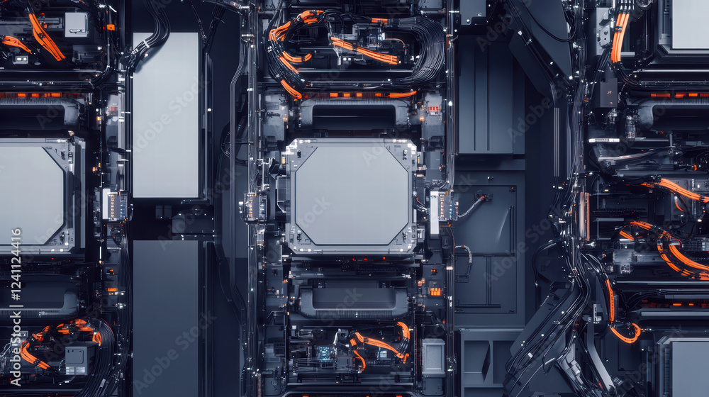 Poster high tech robotic assembly of electric car battery modules with intricate wiring and components. ima