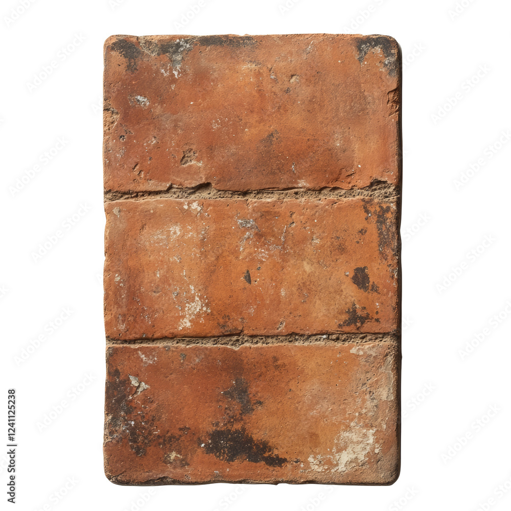 Poster a close-up image depicts a weathered terracotta brick sample with visible layers and textured surfac