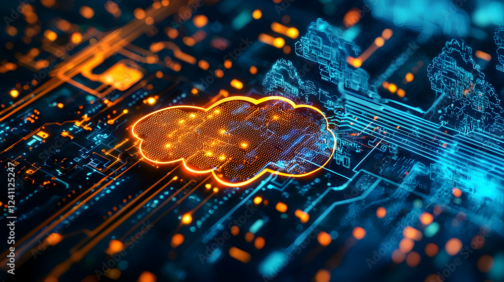 Poster digital representation of cloud computing on a circuit board with glowing elements