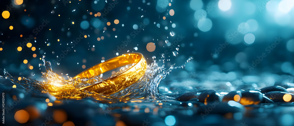 Poster a stunning golden ring splashes into water, creating dynamic splashes and a mesmerizing bokeh effect