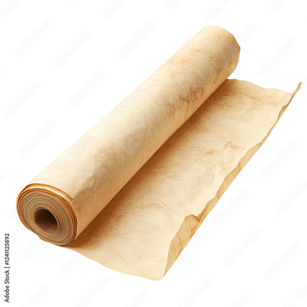Poster A partially unrolled roll of aged parchment paper displays a textured and discolored surface.