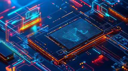 Futuristic circuit board with glowing elements and intricate design patterns