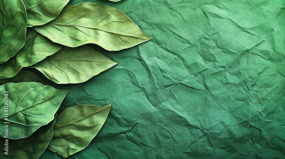 Poster green leaves on crumpled paper background texture with a paper effect enhanced with gigapixel upscal