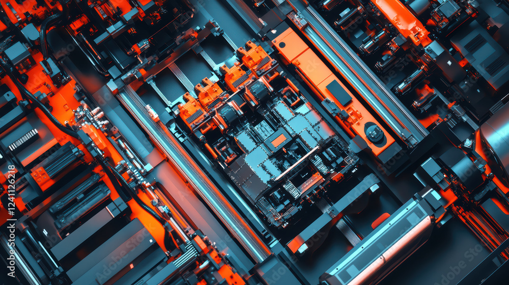 Aufkleber high tech robotic assembly with electric car battery modules, showcasing intricate details and vibra