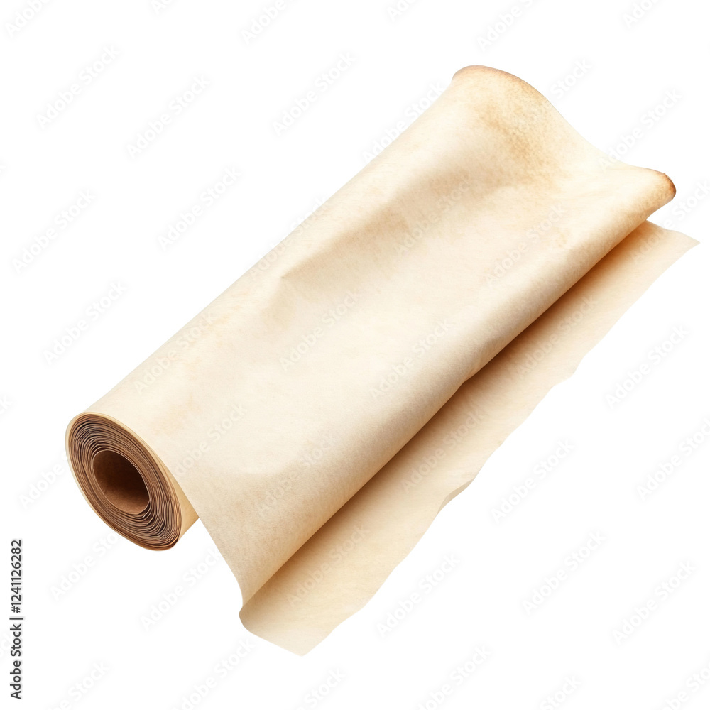 Poster A partially unrolled aged parchment scroll sits on a black background, showing texture and age.